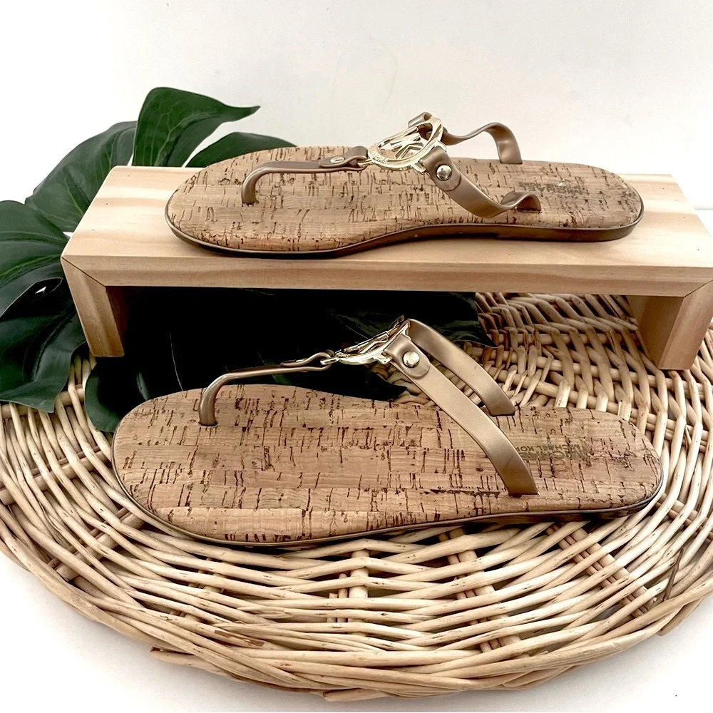 MICHAEL Michael Kors jelly flip-flops gold tone logo cork slip-on sandals size 8